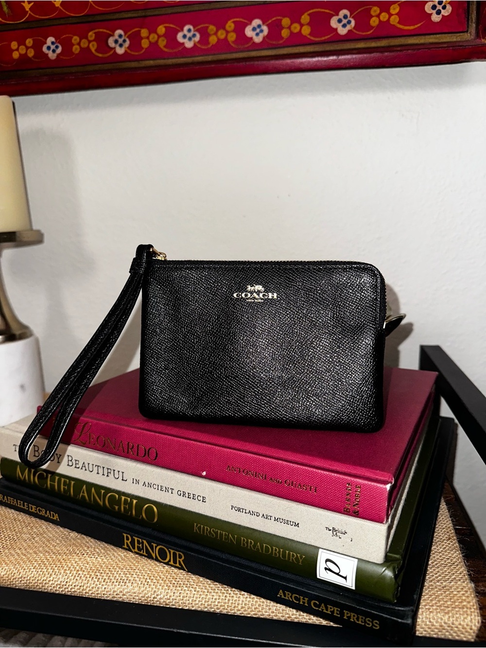 Coach Black Saffiano Leather Wristlet with Gold Logo